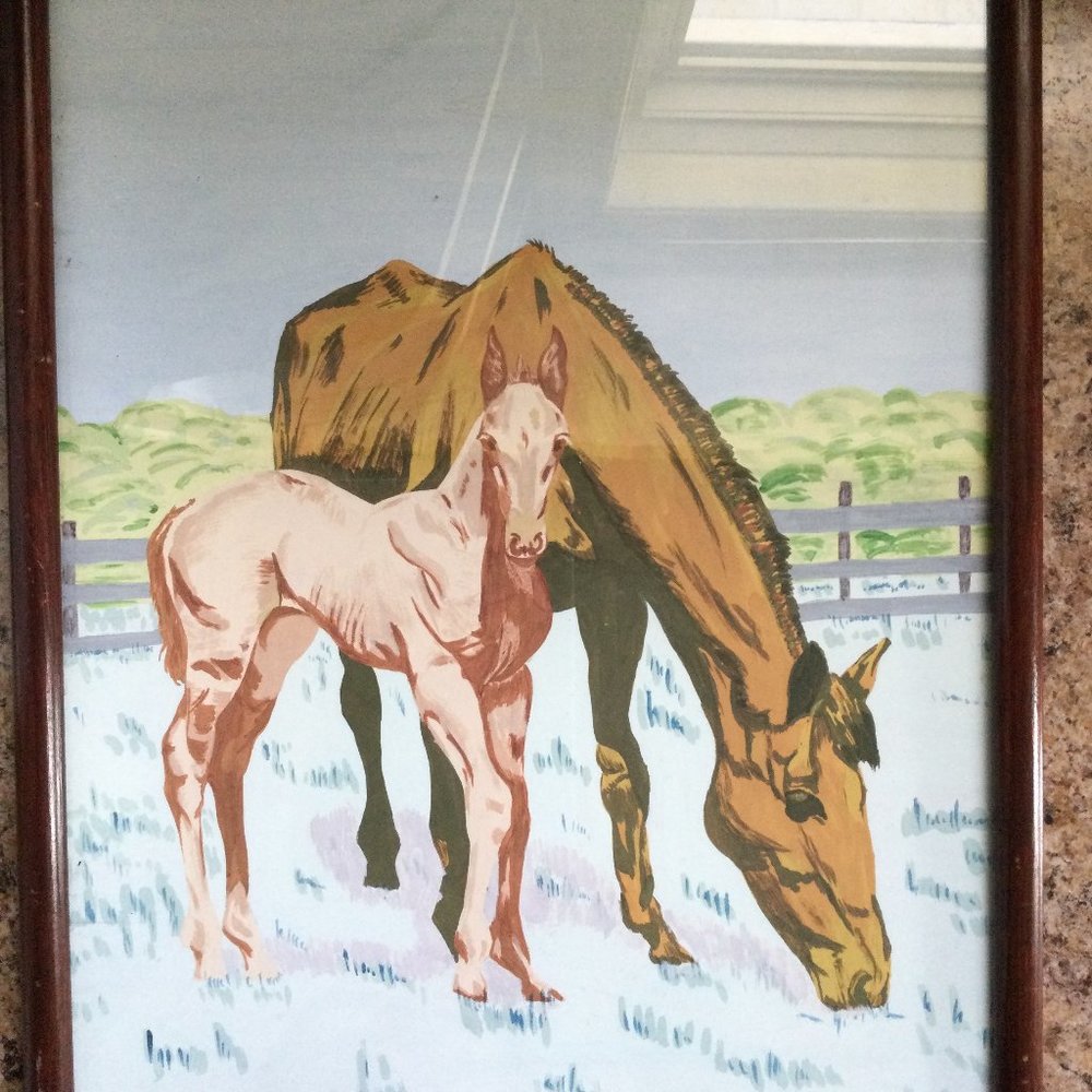 Original paintings on paper two horses framed small wall hanging